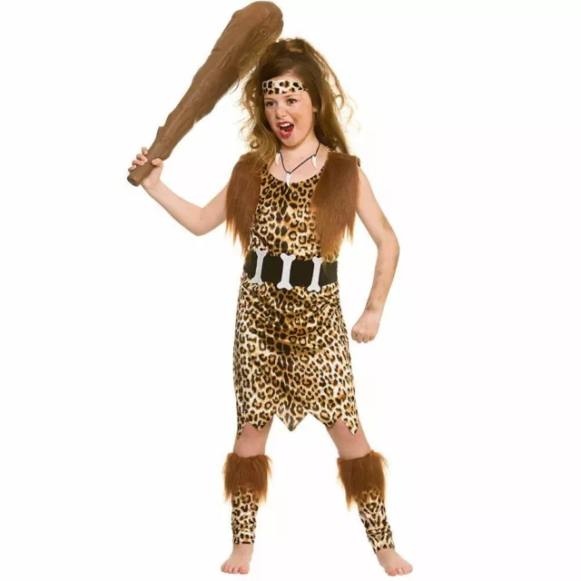 Childs Stone Age Cave Girl Fancy Dress Costume Leopard Print Tunic Headband
