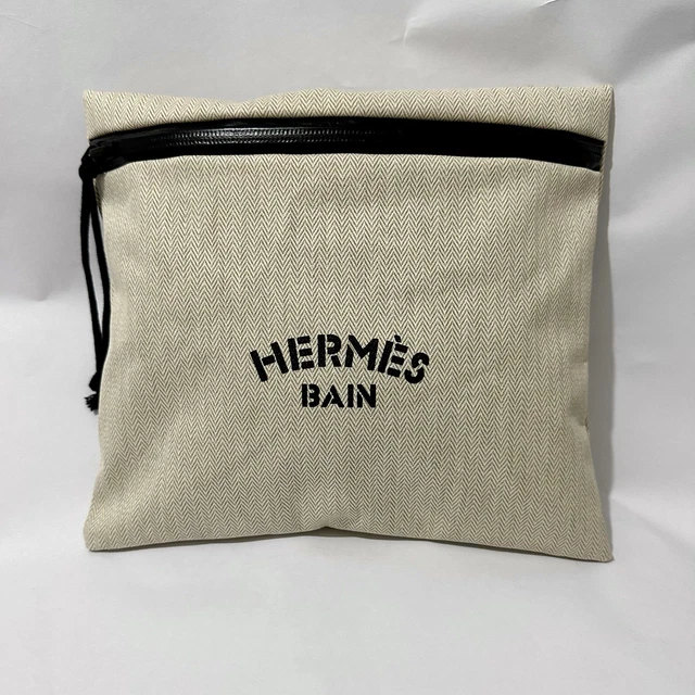 Pochette HERMÈS Bain - Toile Chevron Beige, Anse Noire - Parfait état, Neuf Sans étiquette - Made In France