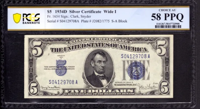 1934 D $5 Silver Certificate Note Fr.1654 Wide Sa Block Pcgs B Choice Au 58 Ppq