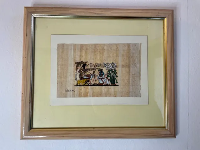 Papyrus Egyptian Hunter Picture Very Finely Hand-painted. Framed Signed Vintage