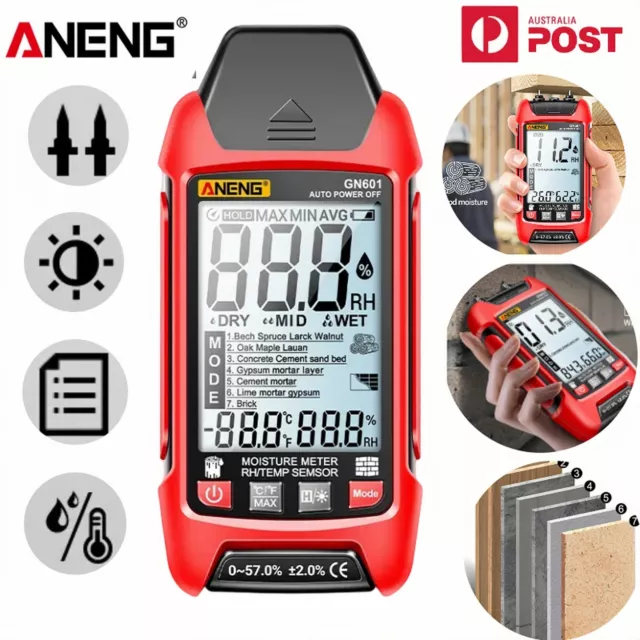 ANENG GN601 Digital Wood Moisture Meter LCD Detector Tester Cardboard Probe Wall