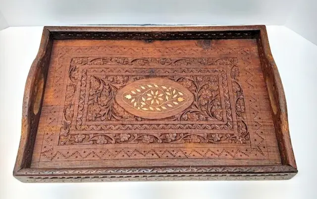 Vintage intricately Hand Carved Wooden inlaid Handled India Serving Tray 15"x10"