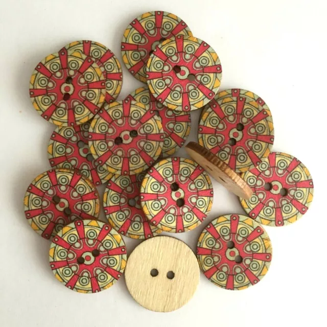 25mm (1 inch) round wooden buttons - mandala flower retro rustic - 30/50/100 3