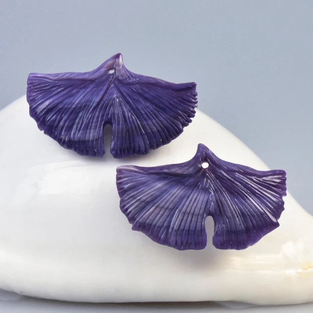 Ginkgo Leaf Earring Pair Natural Purple Clam Shell Carving Handmade 3.52 g