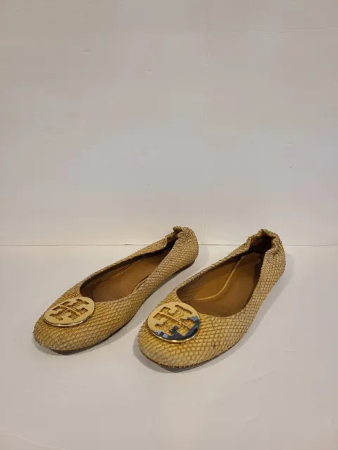 Tory Burch Reva Ballet Flats Snakeskin Leather Shoes Logo Womens Size 10 M