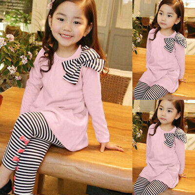 Toddler Baby Girl Kids Clothes Long Sleeve Bow T-shirt+Stripe Pants Outfits Set