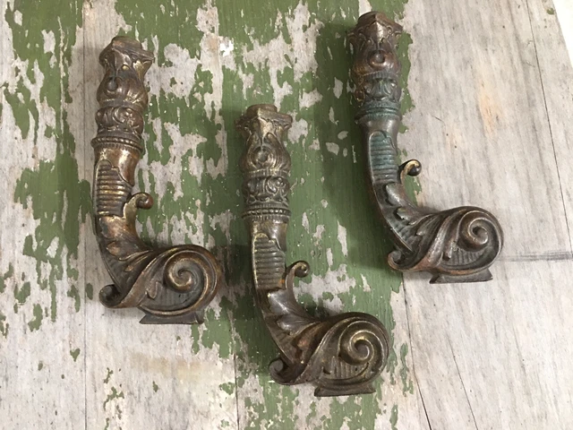 3 Antique Bronze Brass Hooks Hangers Decorative Architectural Etruscan Hardware