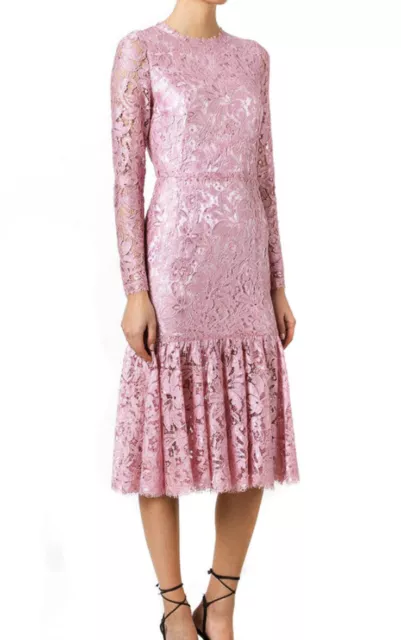 Dolce & Gabbana Pink Floral Guipure Lace Flounce Hem  Midi Dress Silk Size 36
