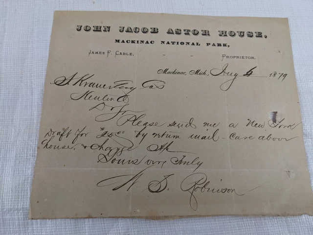 1879 Mackinac John Jacob Astor House Antique Letterhead Letter Receipt Paper 4