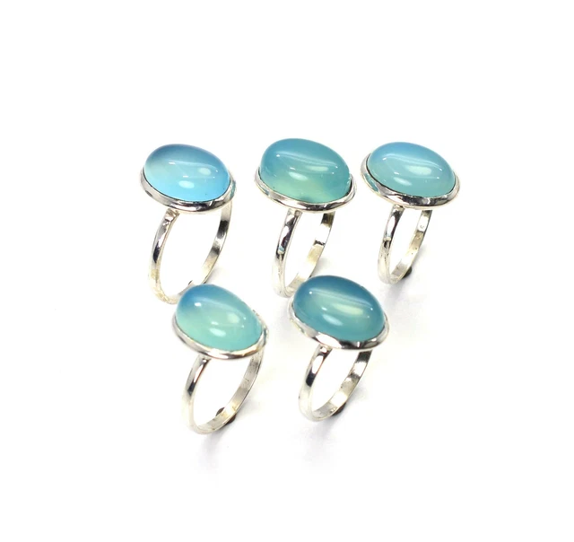 Wholesale 5Pc 925 Solid Sterling Silver Aqua Chalcedony Ring Lot L896