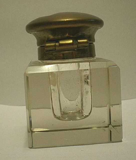 Victorian Cut Crystal Cube Ink Well With Hinged Brass Lid (Cab) 3