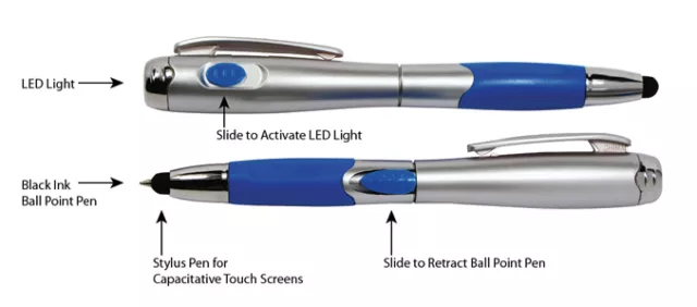 5pc 3-in-1 Capacitive Touch Screen Stylus + Ballpoint Pen + LED Flashlight iPad 2