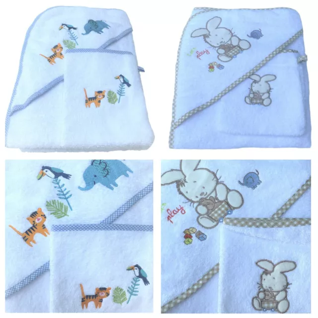 Baby Towel With Hood Wash Mitt Set Newborn Embroidered Bath 100% Turkish Cotton