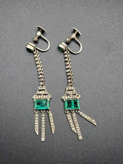 Antique French Paste Art Deco Crystal Green Glass Vintage Screw Back Earrings