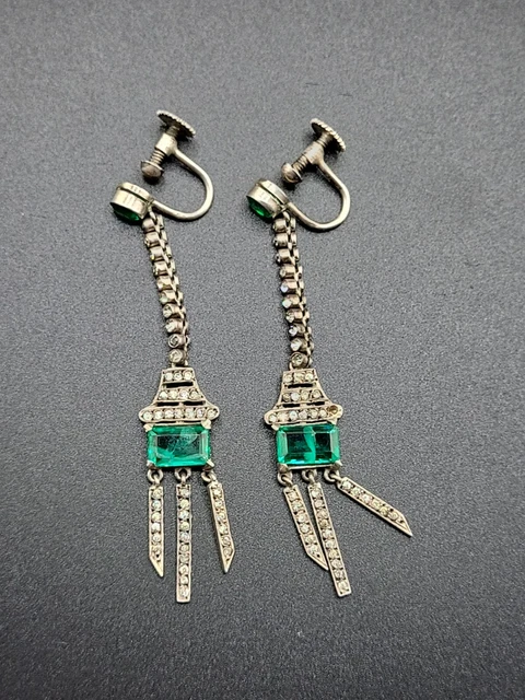 Antique French Paste Art Deco Crystal Green Glass Vintage Screw Back Earrings