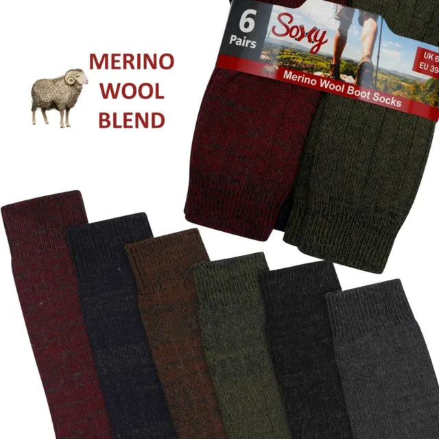 6 Pairs Mens Merino Wool Soft Warm Socks - Wool Blend Boot Hiking Walking Socks