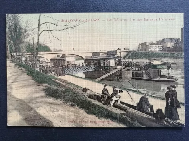 cpa beautiful canvas card of the landing of parisian boats at HOUSES ALFORT