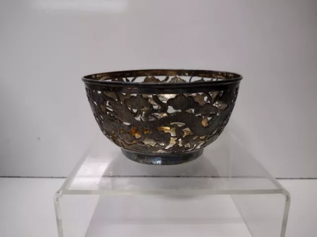 Antique Chinese Export Silver Bowl  2 Dragons And Flowers