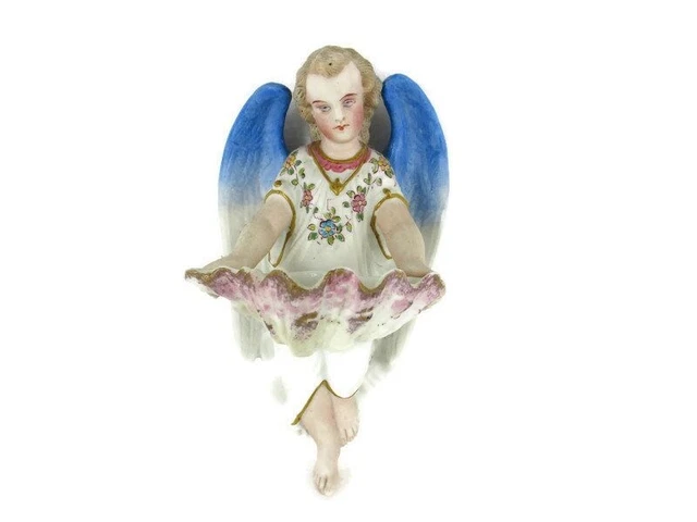 Vintage Holy Water Font Vessel Angel Bisque Porcelain Pastel Beautiful 7.48&quot