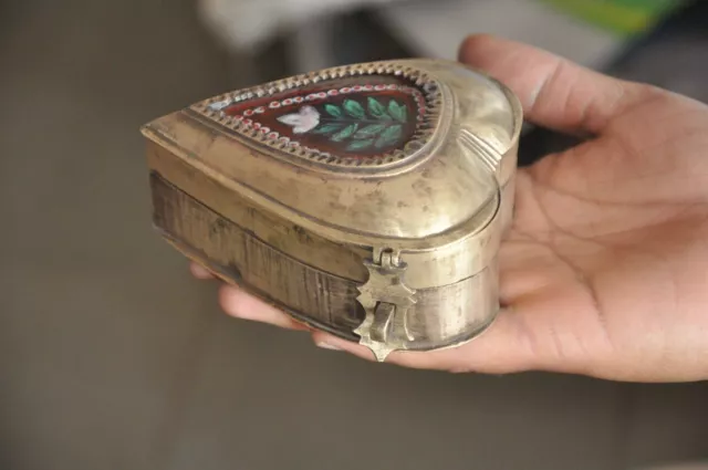 Old Brass Mirror Fitted 4 Compartment Handcrafted Heart Shape Betel Nut Box