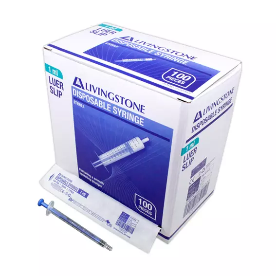 Livingstone Syringe 1ml Luer Slip Tip Tuberculin Blue Plunger Latex Free 100/Box 2