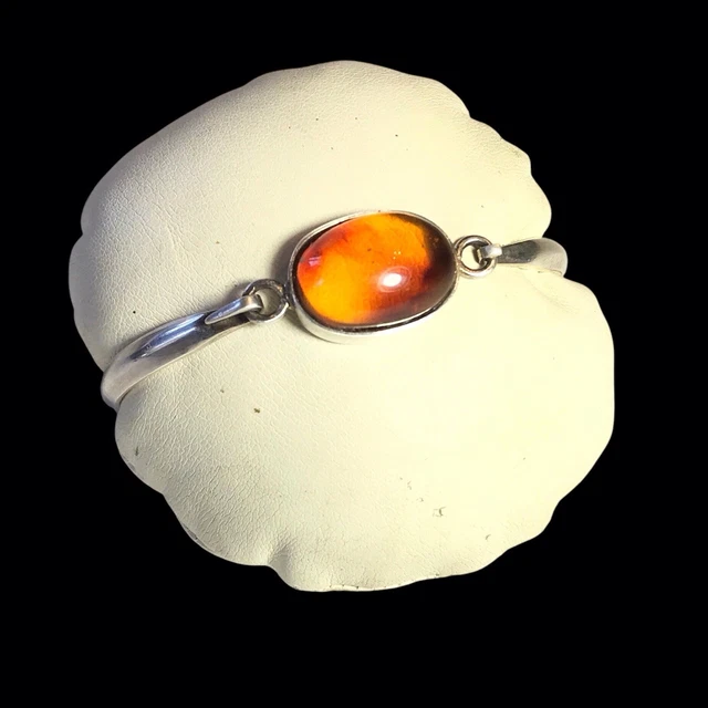 Bracelet En Argent Massif 925 Avec Cabochon D'ambre Flammé - Bijou Occasion Porté, Pierre Naturelle Aux Tons Chauds, Style Ethnique Ou Bohème