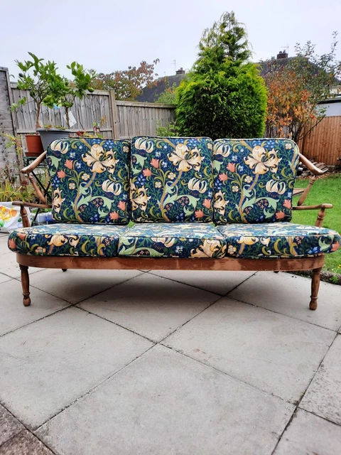 Vintage New Cushion & Covers. Mid Century Wood Windsor 3 Seater Sofa/Settee.