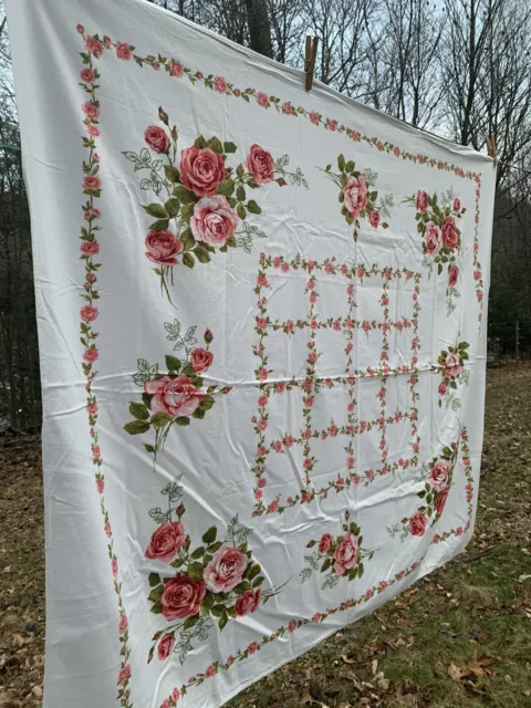 Vintage Tablecloth Pink Roses On White Cotton 52x44