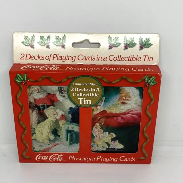 Coca-Cola Playing Cards 2 Decks Collectible Tin Nostalgia Santa Claus Vtg 1996