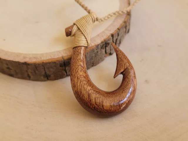 Hawaiian Genuine Hand Carved Koa Wood Large Fish Hook Pendant Necklace Choker