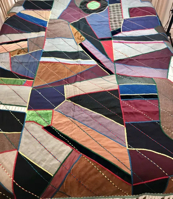 RARE Early 1900’s Patchwork Crazy Quilt Wool, Velvet, Cotton, Embroidered 70x84”