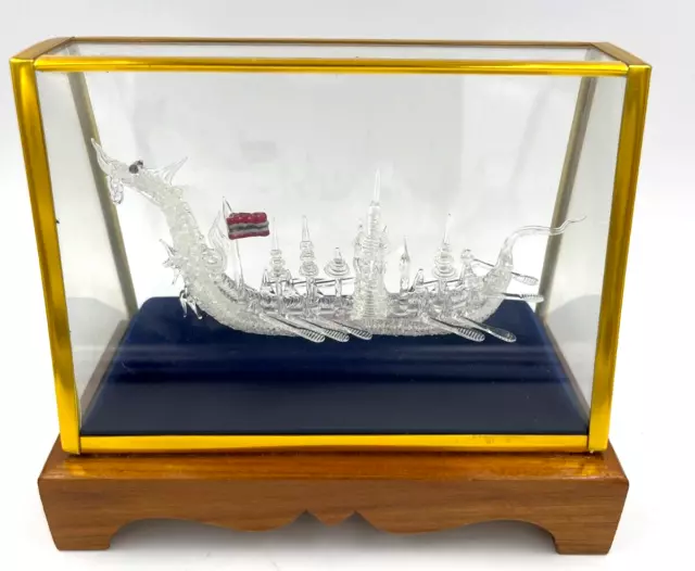 Thai  Spun Glass Royal Dragon Boat In Plexiglass Case