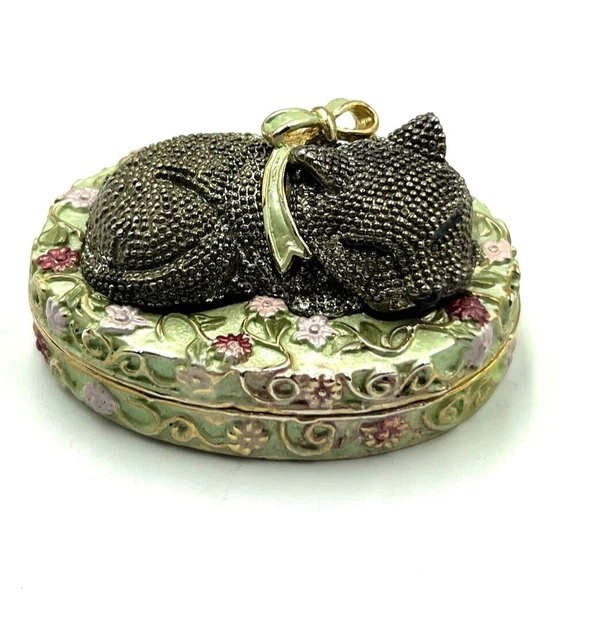 Trinket Box Cat With Green Bow Sleeping