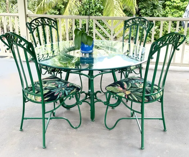 Vintage Heavy Wrought Iron Dining Patio Set Table & 4 Chairs with 54" Glass Top