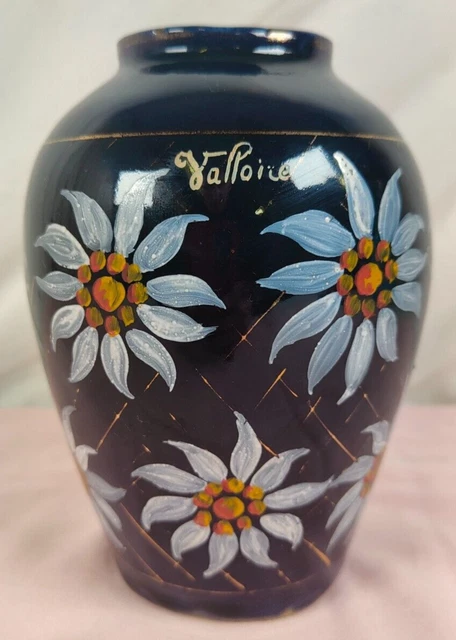 VASE vintage GRES D'ART Emaille Auvergnat VALLOIRE signe JEB decor Fleurs Art H