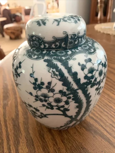 Green And White Oriental Cherry Blossom Ginger Jar Andrea Sadek Japan