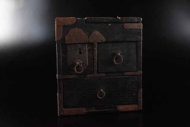 K1669: Japanese Old Wooden Iron Shapely CONTAINER Accessories Case Box