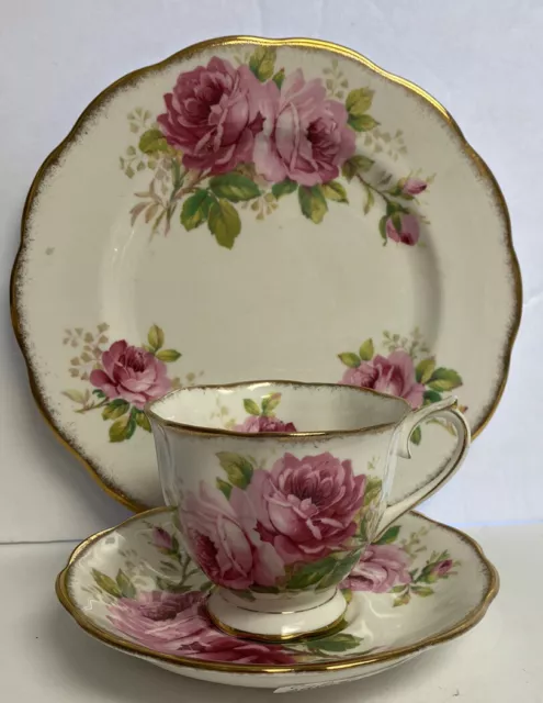 Royal Albert AMERICAN BEAUTY Tea Cup, Saucer & 8” Plate Trio Set Gold Pink Rose