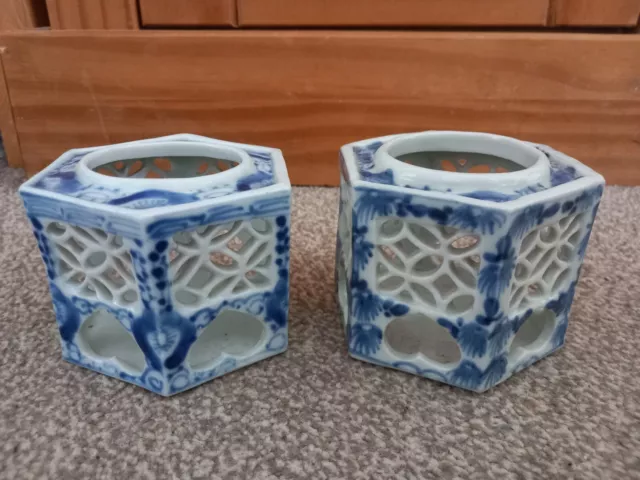 2 Vintage Chinese Blue & White Hexagonal Cricket Cage Vase/ Pot