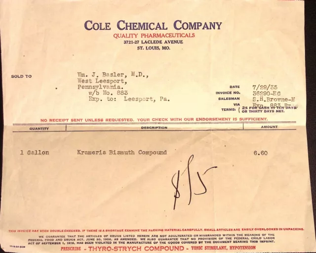 Cole Chemical Co. St. Louis MO 1935 Purchase Order Invoice Pharmacy Chemist