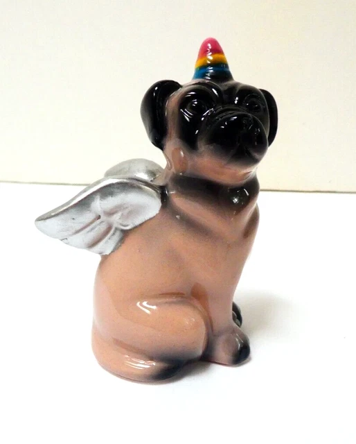 Pug Dog Ceramic Figurine Wearing Birthday Hat Silver Angel Wings 3 1/2" Tall