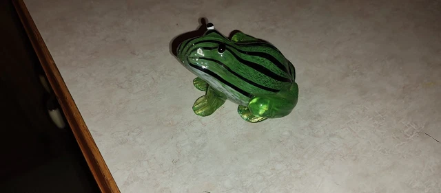 Art Glass Hand Blown Frog Figurine Green black Stripes Size 5 x 3"  Paper weight