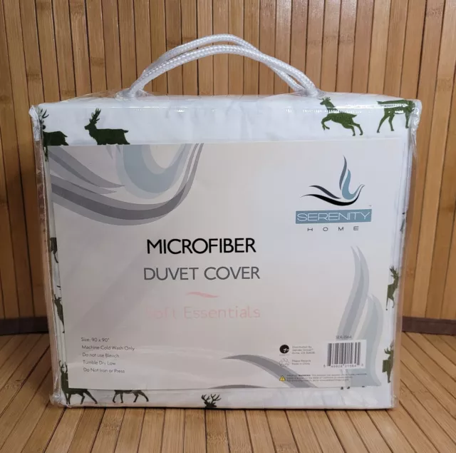 Microfiber Duvet Cover Serenity Home Soft 90" x 90" White Green Deer BRAND NEW