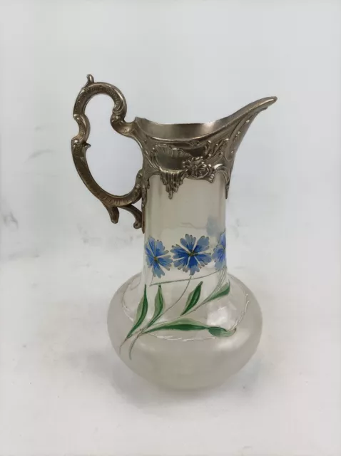 Aiguière, carafe en verre émaillé et métal argenté