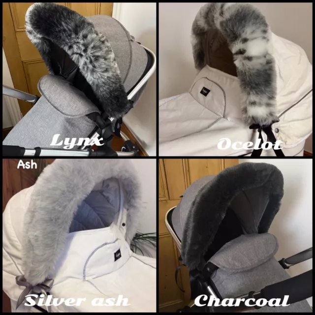 Fabulous Fluffy FAUX FUR Pram Hood Trims -Grey Black -With Ribbons- BN Universal