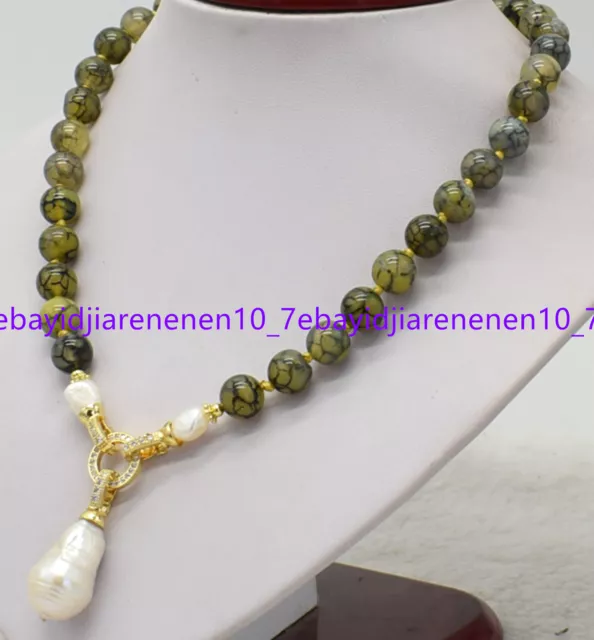 10MM YELLOW DRAGON Veins Agate & White Keshi Baroque Pearl Necklace 16 ...