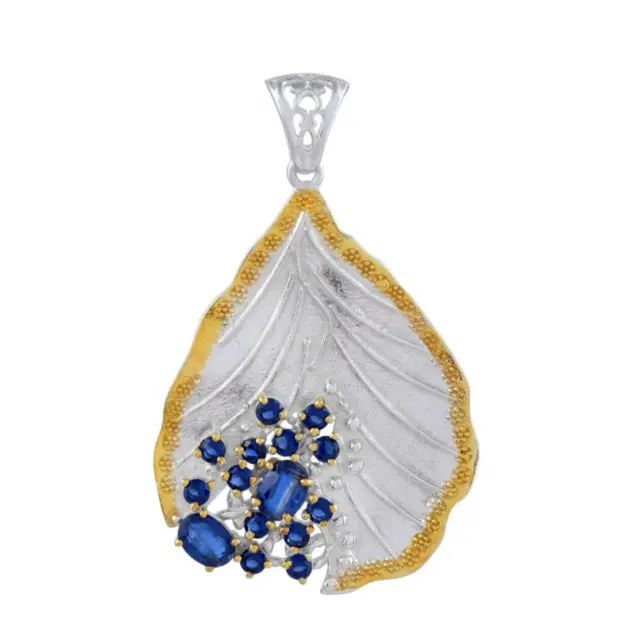Natural Blue Kyanite 925 Sterling Silver Gold Plated Handmade Leaf Pendant Gifts