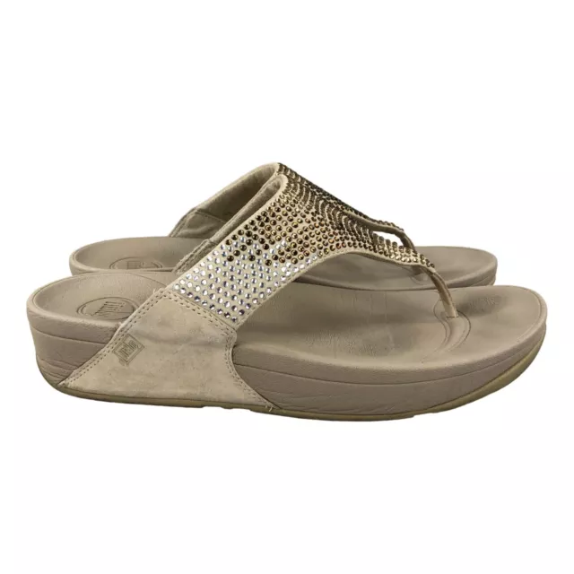 FitFlop Women's Size 10 Lulu Shimmer Foil Gold Tan Silver Slip On Thong Sandals