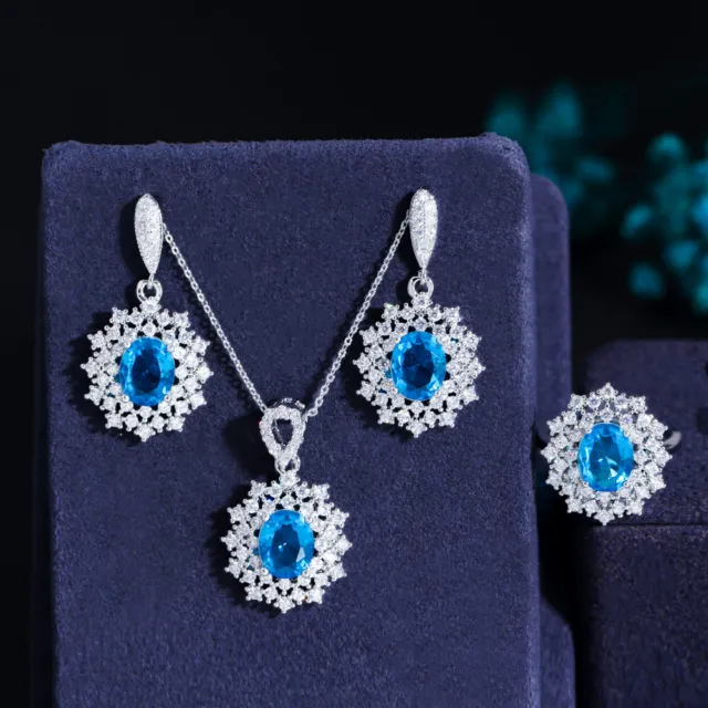 Top Light Blue Cubic Zirconia CZ Oval Shape Jewelry Necklace Earrings Ring Set