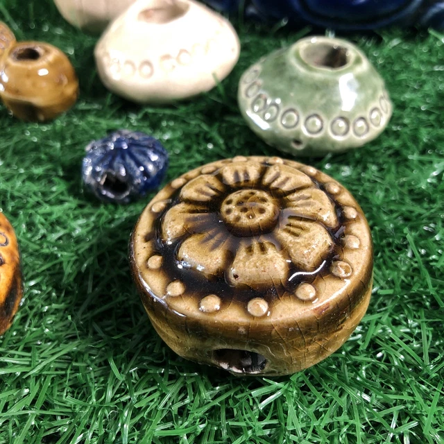 14 Vintage Handmade Ceramic Beads Boho Macrame Beads Large Glazed 2